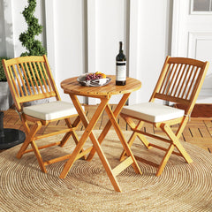 3 Pieces Acacia Wood Patio Folding Bistro Set with Soft Cushions