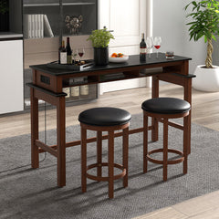 3-Piece Home Bar Set with 2 Upholstered Bar Stools, Outlets and USB Ports