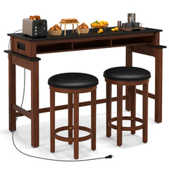 3-Piece Home Bar Set with 2 Upholstered Bar Stools, Outlets and USB Ports