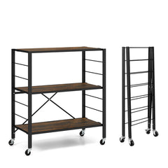 3-Tier Foldable Shelving Unit with Detachable Wheels and Adjustable Shelves