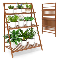 3-Tier Bamboo Ladder Shelf Foldable Plant Flower Bookshelf