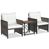 3 Pieces Patio Rattan Furniture Set with Acacia Wood Tabletop and Metal Frame