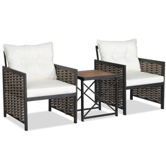 3 Pieces Patio Rattan Furniture Set with Acacia Wood Tabletop and Metal Frame