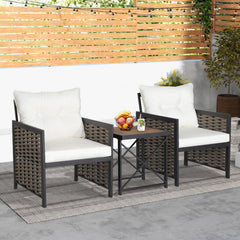3 Pieces Patio Rattan Furniture Set with Acacia Wood Tabletop and Metal Frame