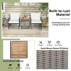 3 Pieces Patio Rattan Furniture Set with Acacia Wood Tabletop and Metal Frame