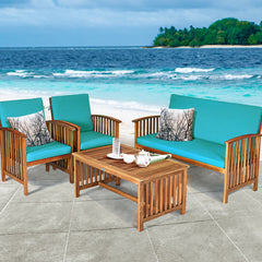 4 Pieces Patio Solid Wood Furniture Set with Water Resistant Cushions