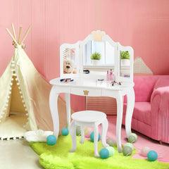 Kids Makeup Dressing Table with Tri-folding Mirror and Stool