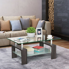 Rectangular Tempered Glass Coffee Table End Side Table with Shelf