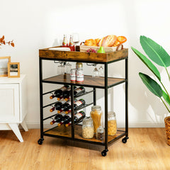 3-Tier Wood Rolling Kitchen Serving Cart with 9 Wine Bottles Rack Metal Frame