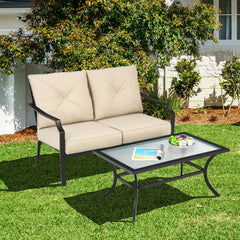 2 Pieces Patio Outdoor Cushioned Sofa Bench with Coffee Table