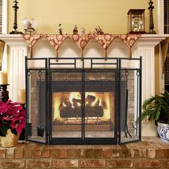 3-Panel Folding Wrought Iron Fireplace Screen with Doors and 4 Pieces Tools Set