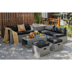 8 Pieces Patio Rattan Furniture Set with Storage Waterproof Cover and Cushion