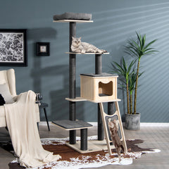 5-Tier Modern Wood Cat Tower with Washable Cushions