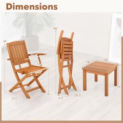 3 PCS Eucalyptus Wood Patio Bistro Set with 2 Folding Arm Chairs