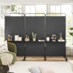 3-Panel Folding Room Divider with 3 Metal Shelves and Lockable Wheels