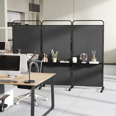 3-Panel Folding Room Divider with 3 Metal Shelves and Lockable Wheels