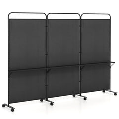 3-Panel Folding Room Divider with 3 Metal Shelves and Lockable Wheels