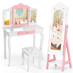 2 Pieces Kids Vanity Set and Jewelry Armoire Cabinet with Full-length Mirror