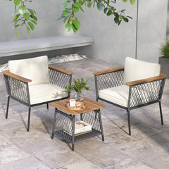 3 Piece Patio Furniture Set Rattan Chair Set with 2-Tier Coffee Table