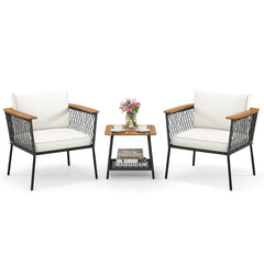 3 Piece Patio Furniture Set Rattan Chair Set with 2-Tier Coffee Table