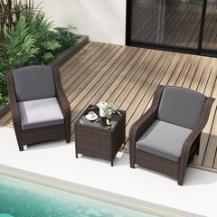 3 Pieces Outdoor Rattan Furniture Set with Cushions and Tempered Glass Coffee Table