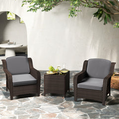 3 Pieces Outdoor Rattan Furniture Set with Cushions and Tempered Glass Coffee Table