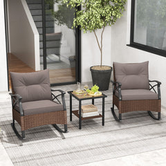 3 Pieces Outdoor Rattan Rocking Chairs Set with 2-Tier Side Table for Garden Backyard
