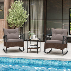 3 Pieces Outdoor Rattan Rocking Chairs Set with 2-Tier Side Table for Garden Backyard