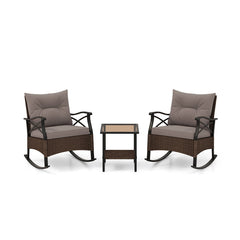 3 Pieces Outdoor Rattan Rocking Chairs Set with 2-Tier Side Table for Garden Backyard