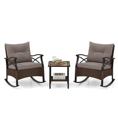 3 Pieces Outdoor Rattan Rocking Chairs Set with 2-Tier Side Table for Garden Backyard
