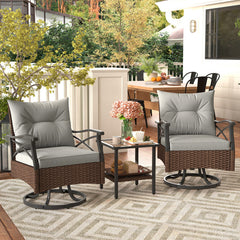 3 Pieces Outdoor Swivel Rocking Chairs Set with 2-Tier Tempered Glass Side Table