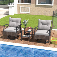 3 Pieces Outdoor Swivel Rocking Chairs Set with 2-Tier Tempered Glass Side Table