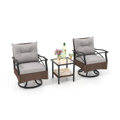 3 Pieces Outdoor Swivel Rocking Chairs Set with 2-Tier Tempered Glass Side Table