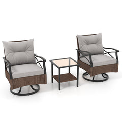 3 Pieces Outdoor Swivel Rocking Chairs Set with 2-Tier Tempered Glass Side Table
