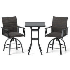 3 Pieces PE Wicker Patio Swivel Bar Set with Quick-Drying Foam