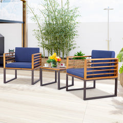 3 Pieces Patio Acacia Wood Conversation Set with Cushioned Armchairs