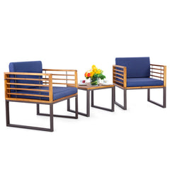 3 Pieces Patio Acacia Wood Conversation Set with Cushioned Armchairs