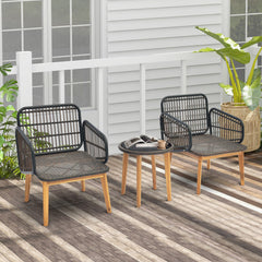 3 Pieces Acacia Wood Patio Furniture Set with Cushioned Wicker Chairs and Tempered Glass Side Table