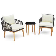 3 Pieces Acacia Wood Patio Furniture Set with Cushioned Wicker Chairs and Tempered Glass Side Table