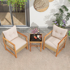 3 Pieces Patio Furniture Set with Acacia Wood Frame Cushions