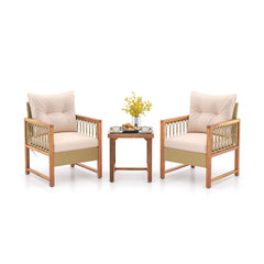 3 Pieces Patio Furniture Set with Acacia Wood Frame Cushions