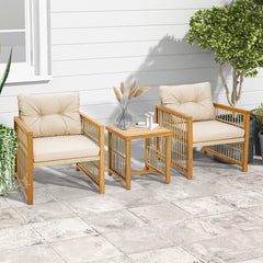 3 Pieces Patio PE Wicker Conversation Set with Acacia Wood Frame and Cushions