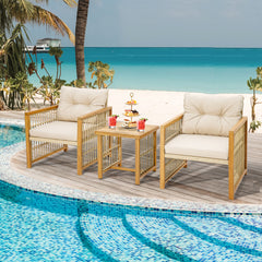 3 Pieces Patio PE Wicker Conversation Set with Acacia Wood Frame and Cushions