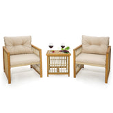 3 Pieces Patio PE Wicker Conversation Set with Acacia Wood Frame and Cushions