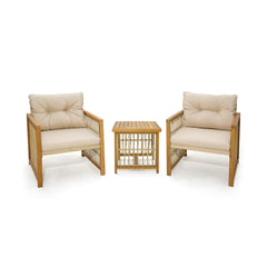 3 Pieces Patio PE Wicker Conversation Set with Acacia Wood Frame and Cushions