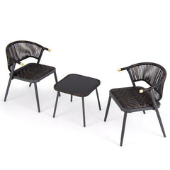3 Pieces Patio Rattan Furniture Set with Tempered Glass Tabletop for Backyard Poolside