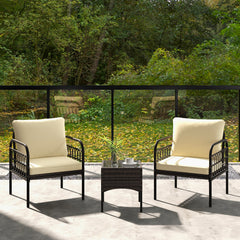3 Pieces Patio Wicker Conversation Set with Cushions and Tempered Glass Coffee Table