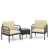 3 Pieces Patio Wicker Conversation Set with Cushions and Tempered Glass Coffee Table