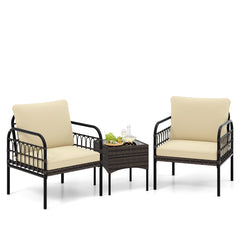 3 Pieces Patio Wicker Conversation Set with Cushions and Tempered Glass Coffee Table