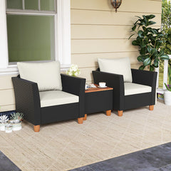 3 Pieces Patio Wicker Furniture Set with Cushions and Acacia Wood Coffee Table Outdoor
